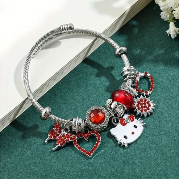 Hello Kitty Charm Pendant Silver & Red Tone Bangle Bracelet - Picture 4 of 4